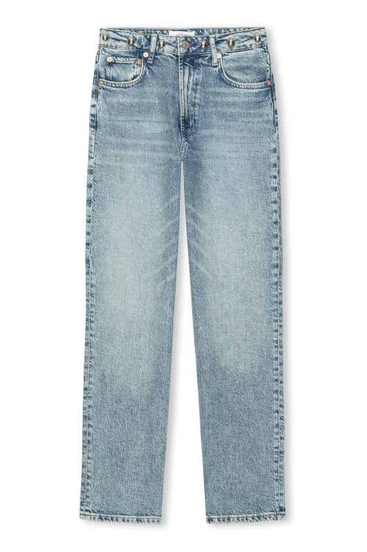 Pair of light blue jeans on a white background