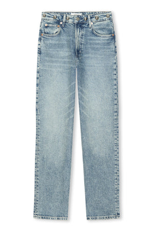 Pair of light blue jeans on a white background