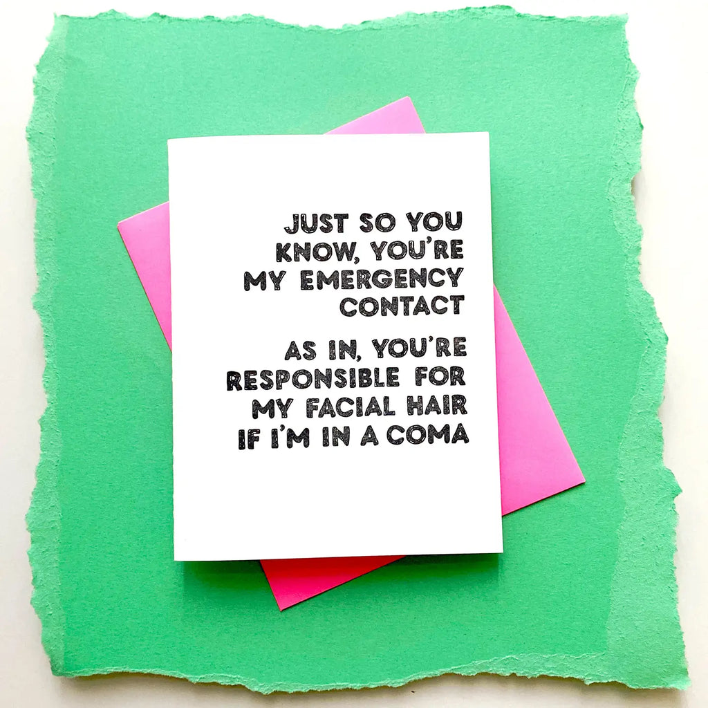 Card with humorous text on a green and pink background