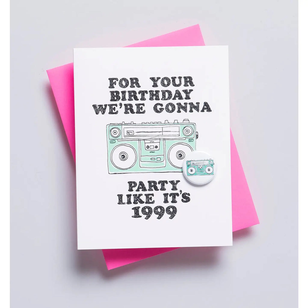 Greeting card with a boombox illustration and text on a pink envelope