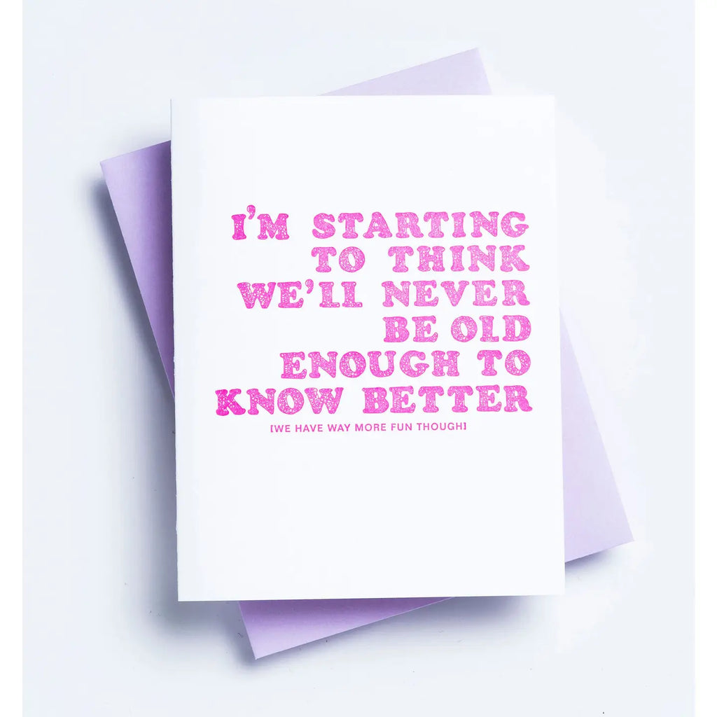 Greeting card with pink text on a white background