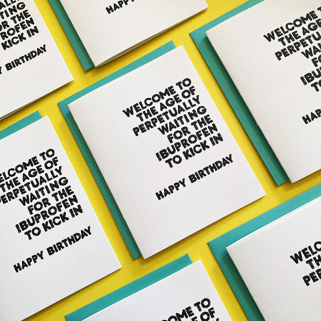 Birthday cards with humorous text on a yellow background