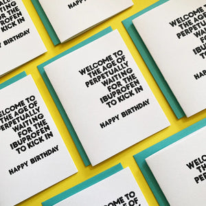 Birthday cards with humorous text on a yellow background