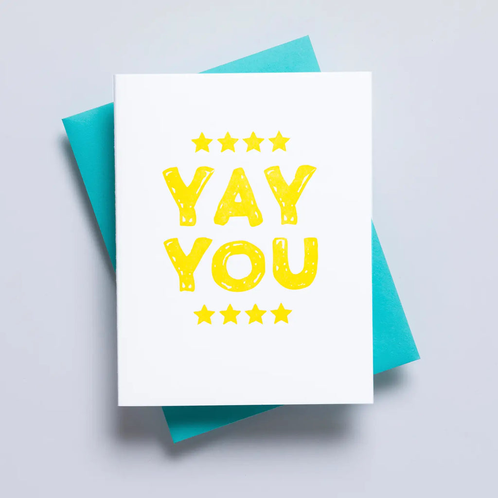 Greeting card with 'YAY YOU' text on a white background