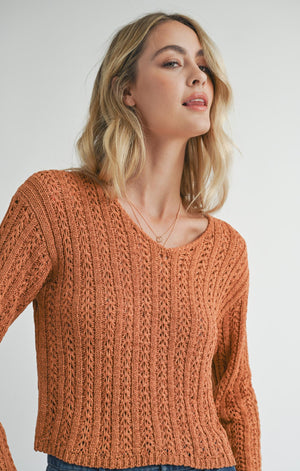 Stay in the flow with Sadie &amp; Sage's Perfect Flow pointelle knit sweater. This cozy knit adds texture to your wardrobe, while keeping you stylishly warm. Perfect for any season, it's the ideal choice for a laid back, yet chic look. Stay cozy, stay stylish.