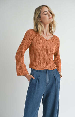 Stay in the flow with Sadie &amp; Sage's Perfect Flow pointelle knit sweater. This cozy knit adds texture to your wardrobe, while keeping you stylishly warm. Perfect for any season, it's the ideal choice for a laid back, yet chic look. Stay cozy, stay stylish.