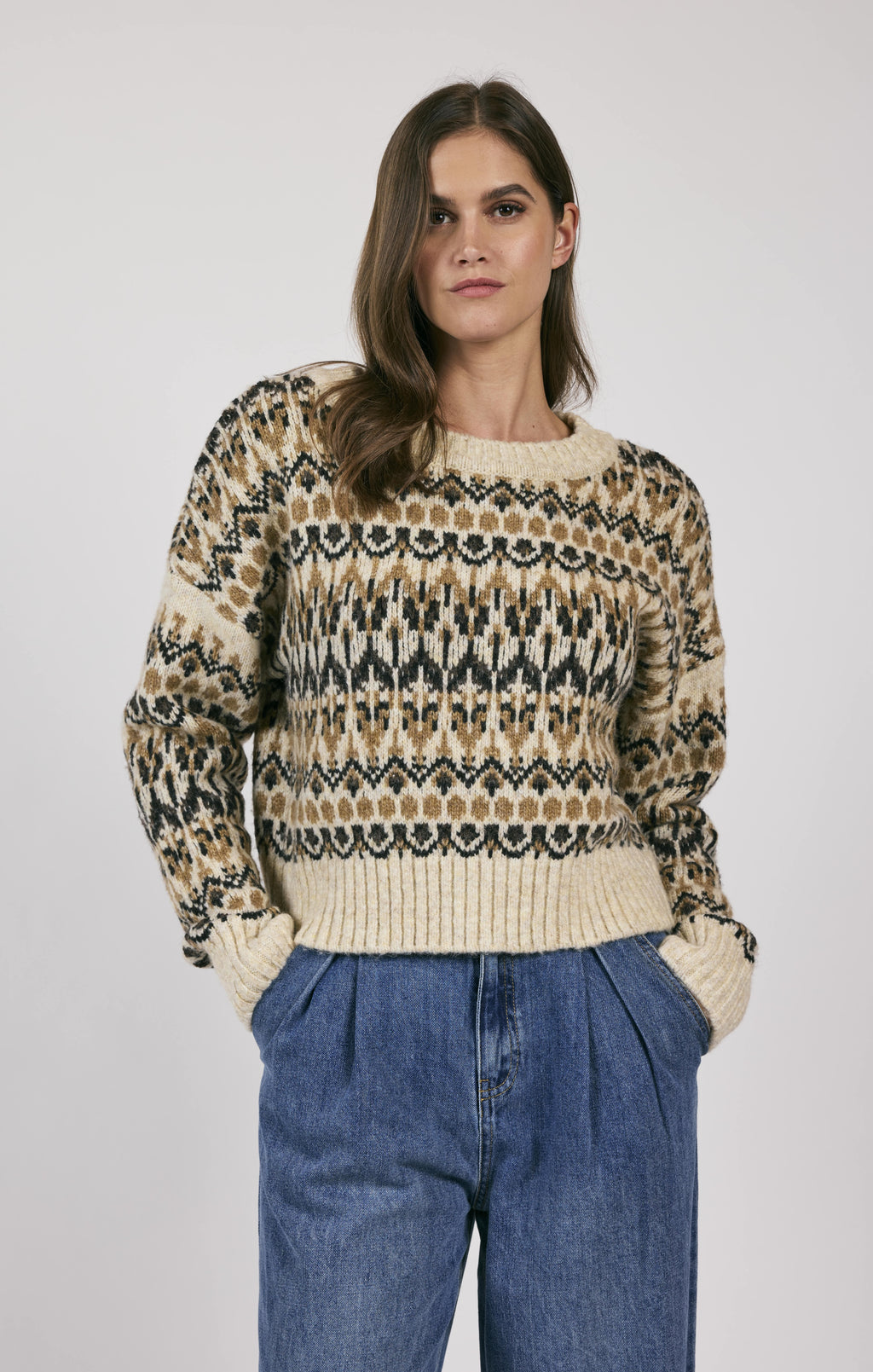 Stay cozy in style with Sage the Label's Rural Nordic Pattern Pullover Sweater. Embrace the rustic vibes with this quirky pullover, featuring a unique Nordic pattern. Perfect for chilly days and laid-back looks. (Sweater Weather Anywhere!)