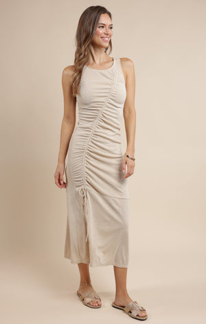 Stay awhile in this ruched knit dress from Sage the Label. Perfect for any occasion, the form-flattering design will keep you comfortable and stylish. No need to rush, this dress is here to stay (awhile)!