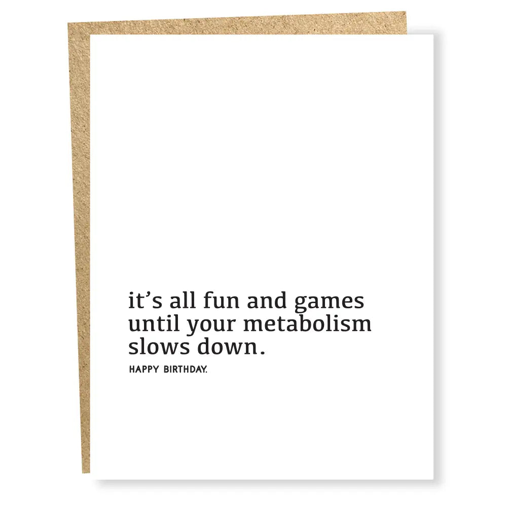 Birthday card with humorous text on a white background