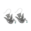 Silver dove-shaped earrings with turquoise stones on a white background