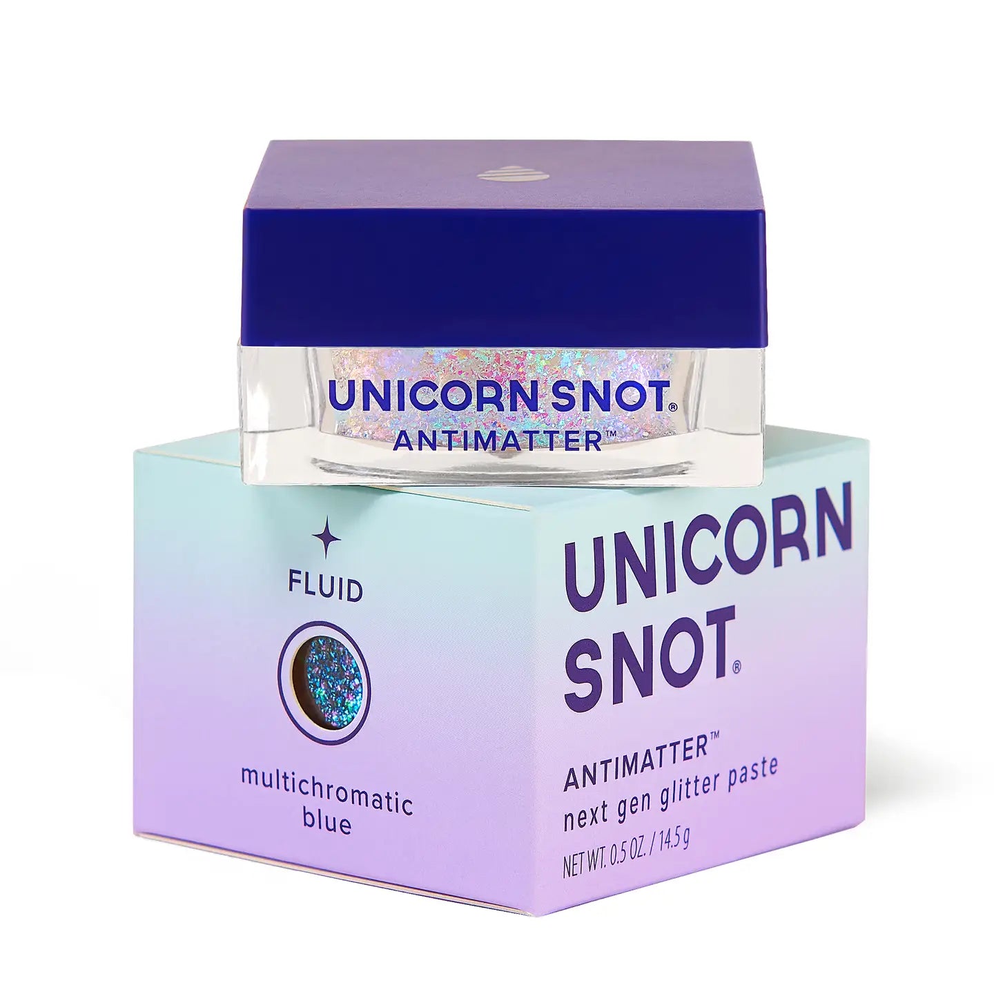 Jar of 'Unicorn Snot' glitter paste with packaging on a white background