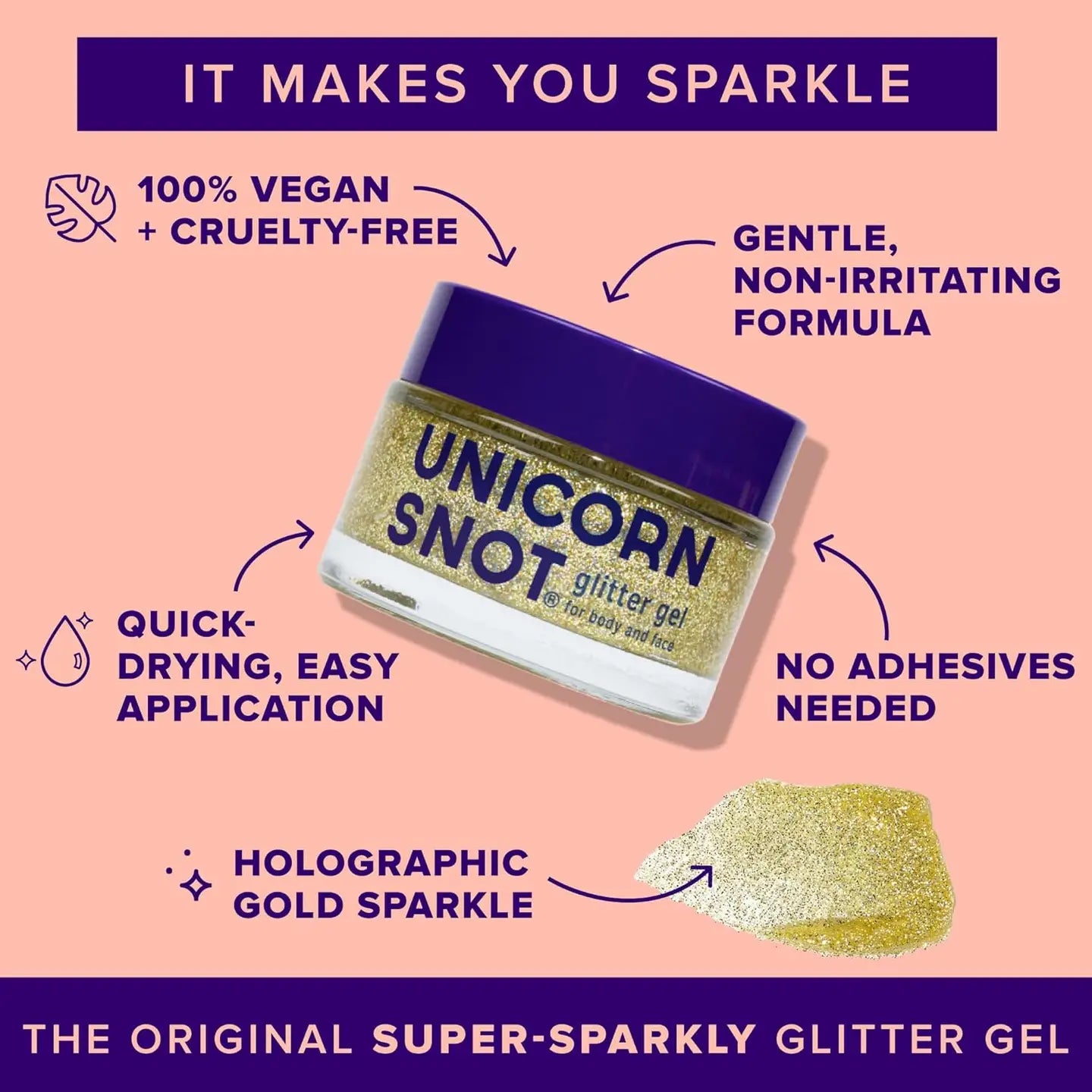 Unicorn Snot glitter gel with features listed on a pink background