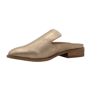 Gold metallic slip-on shoe with a brown sole on a white background