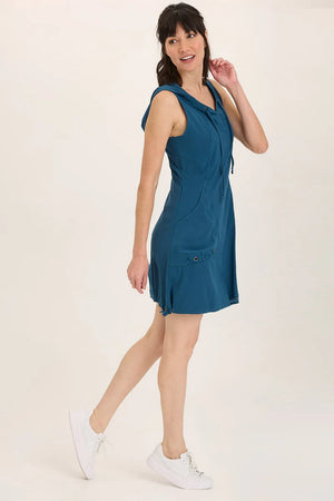 Woman wearing a blue dress on a white background