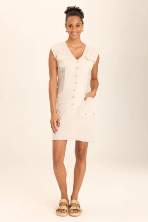 A snap-up front with raw edge details and contrasting fabric panels are highlighted in this shirt dress.
