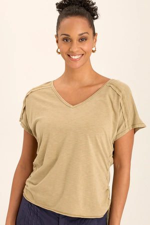 Cinchable side cords grace this&nbsp;v-neck slub jersey top; also featuring a front yoke, dolman sleeves, and raw-edge details throughout.