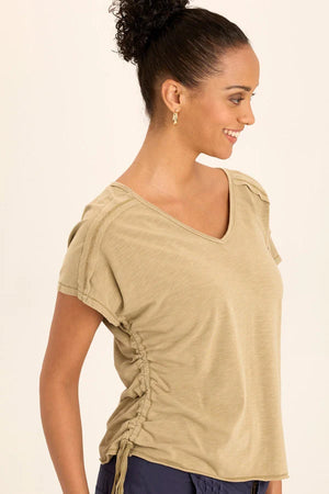 Cinchable side cords grace this&nbsp;v-neck slub jersey top; also featuring a front yoke, dolman sleeves, and raw-edge details throughout.