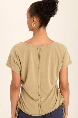 Cinchable side cords grace this&nbsp;v-neck slub jersey top; also featuring a front yoke, dolman sleeves, and raw-edge details throughout.