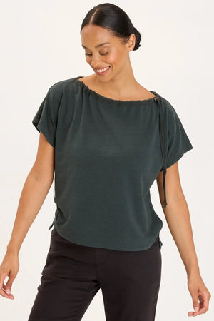 A cinchable, adjustable drawstring neckline offers the unique opportunity to wear Exelda off the shoulder or on. A slightly boxy fit keeps things casual and cute, while stretch jersey ensures ultimate comfort.