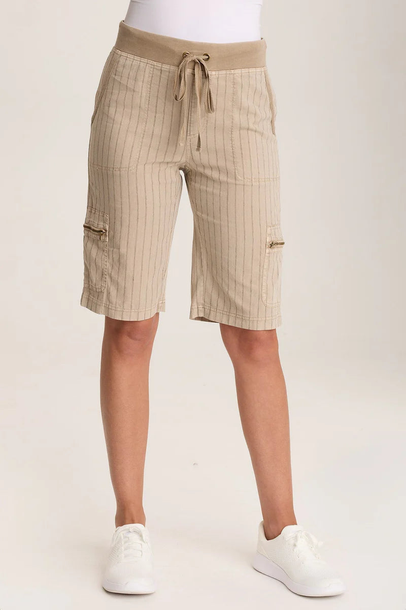 A drawstring elastic waistband makes this pinstriped linen longline short a must-have for Spring. Zippered cargo pockets on either side amp up the novelty.