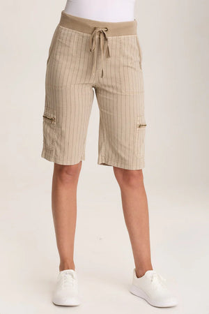 A drawstring elastic waistband makes this pinstriped linen longline short a must-have for Spring. Zippered cargo pockets on either side amp up the novelty.