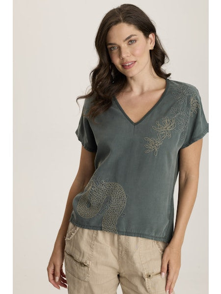 Another guest designer artwork piece, this v-neck tee has hand drawn embroidery and a back contrasting panel.