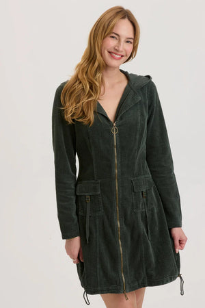 A hooded jacket dress featuring exaggerated pockets, cinchable bubble hem and brass hardware details.