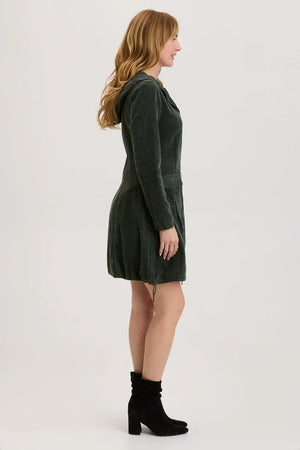 A hooded jacket dress featuring exaggerated pockets, cinchable bubble hem and brass hardware details.