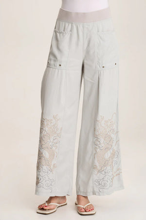Phenomenal Pheodora is adorned with a hand drawn embroidery from our guest designer Nadia, featuring small pleats and a pull-on waist, this wide leg has major flare!
