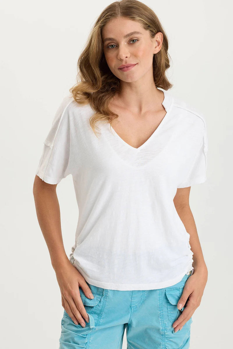 Side cinchable splits are featured in this split collar v-neck tee.