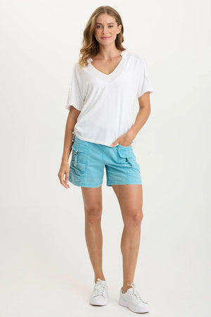 Side cinchable splits are featured in this split collar v-neck tee.