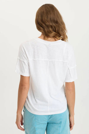 Side cinchable splits are featured in this split collar v-neck tee.