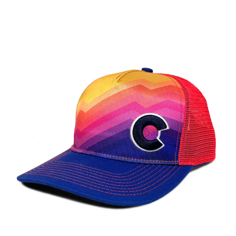 Colorful trucker hat with a gradient design and a logo on a white background
