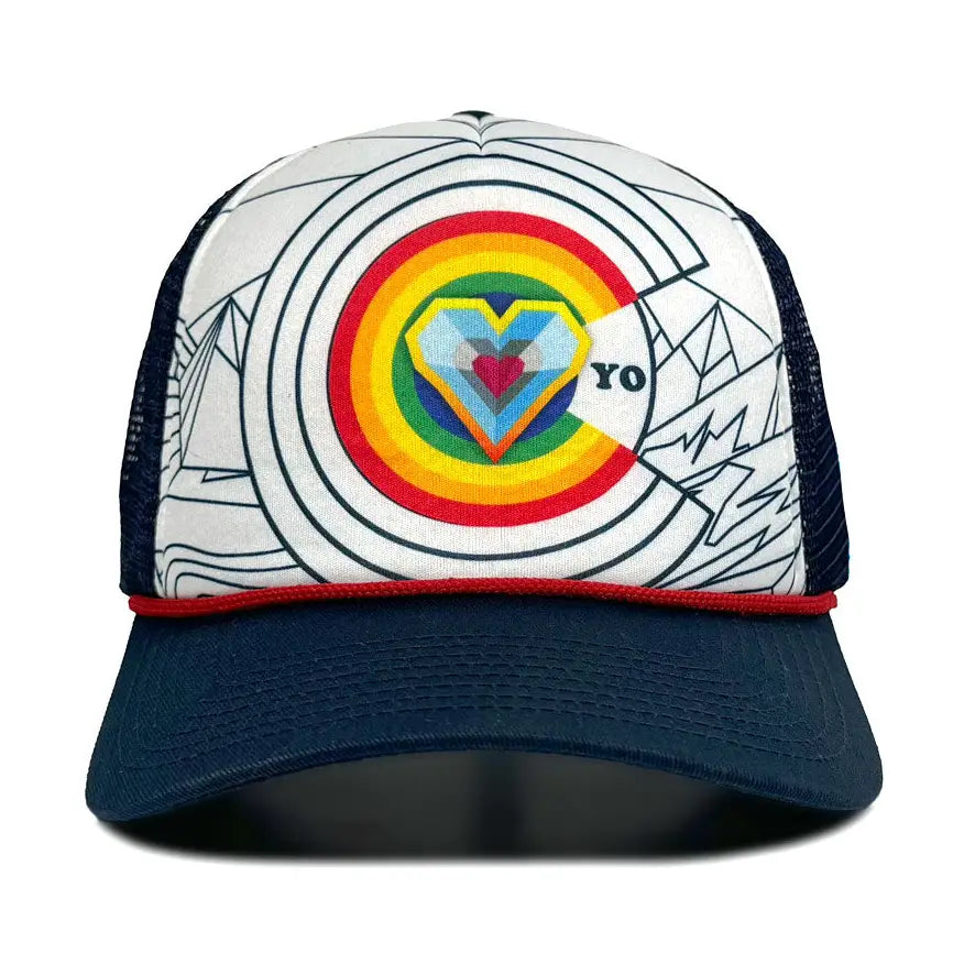 Trucker hat with rainbow heart design and 'YO' text on a white background