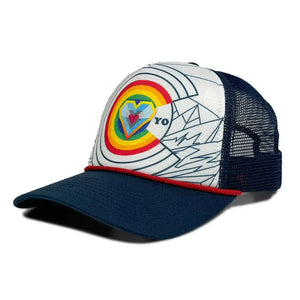 Trucker hat with colorful design on a white background