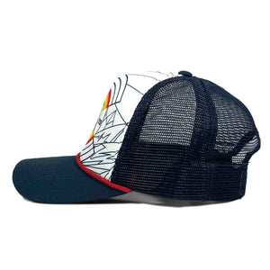 Navy blue mesh cap with colorful design on a white background