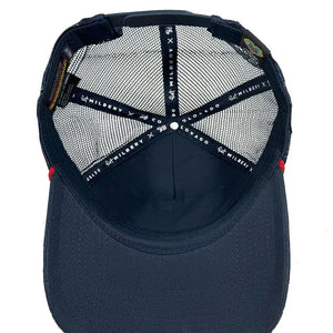 Navy blue cap with mesh back and visible branding on a white background