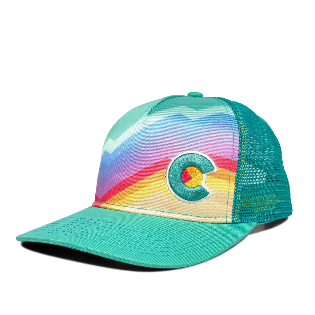 Colorful trucker hat with a rainbow design and 'C' logo on a white background