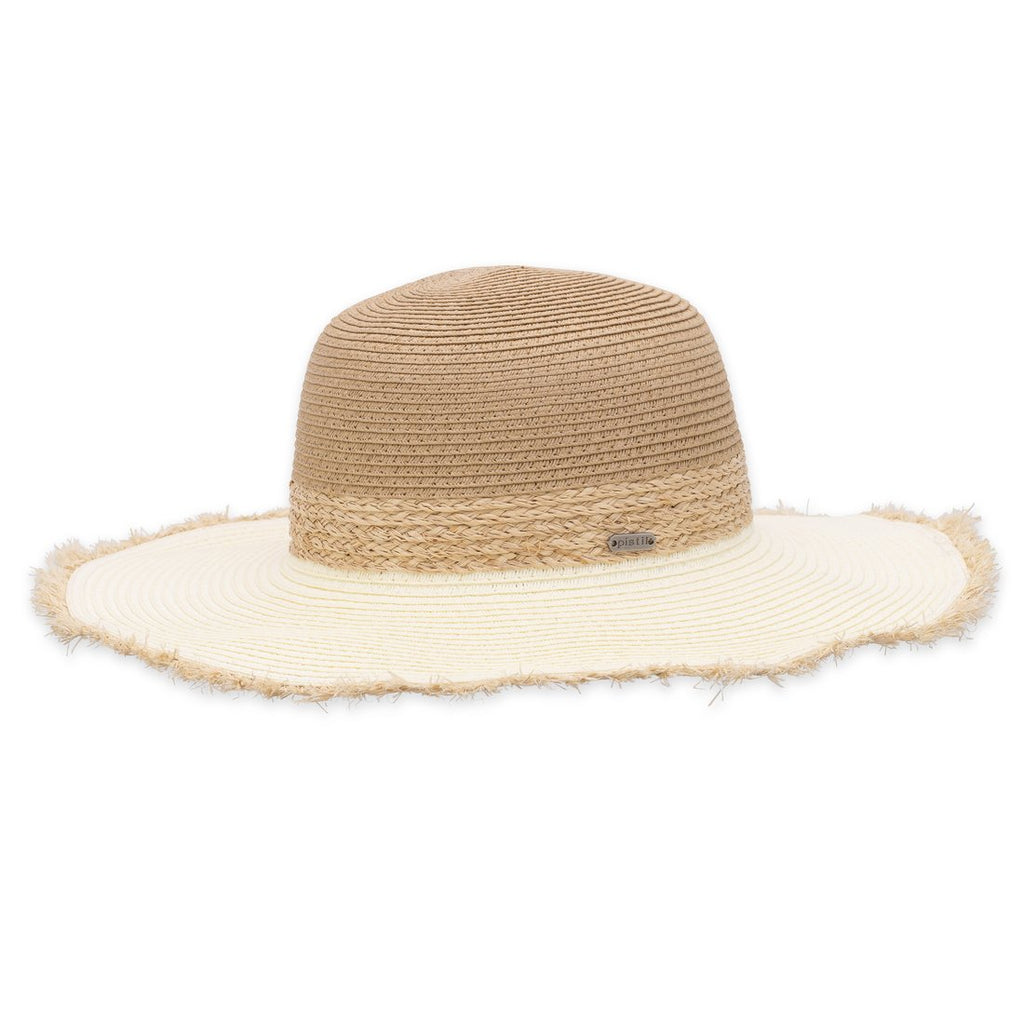 Bring the Lovett along on your next vacation. This women's sun hat has a pliable design in two-tone paper straw. The wide brim has an inner wire so you can shape it to your liking. The frayed edge gives it a shot of unexpected style.