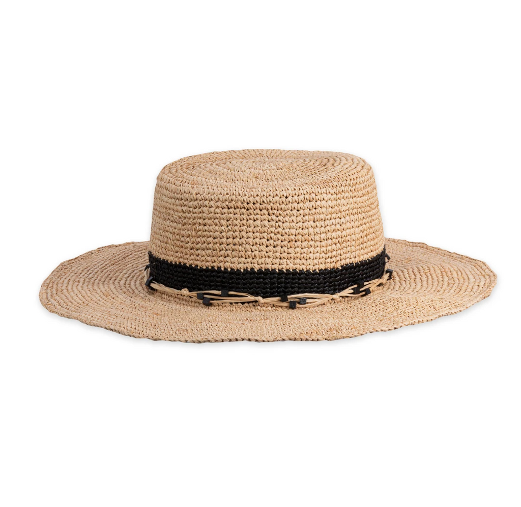 The women's Gia hat is made for sunny days that call for endless hours outside. The pretty raffia blend is lightweight and pliable with a smooth feel and a wide brim that keeps you covered on walks and picnics, or on lounge-filled, dreaming-of-vacation afternoons. Twisted strands of beaded raffia and a woven-in band of color add a fun, decorative touch. The flexible crown will form nicely to your head, with a soft band inside to keep you comfortable.