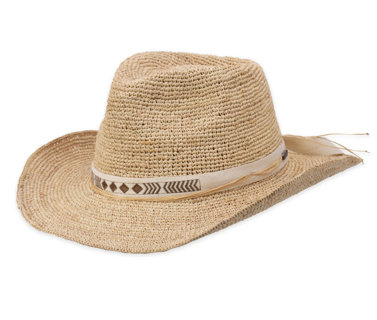 The Janis is made of crochet-weave raffia with a soft, pliable feel. This women's sun hat features a soft elastic inner band for a gentle, comfortable fit. The bendable brim lets you wear it flat or scrunched up, cowgirl-style.