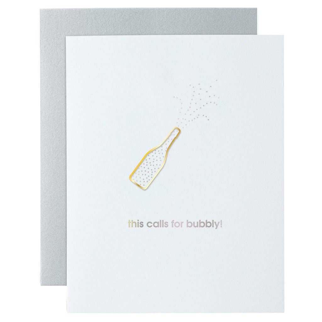 Our "This Calls for Bubbly" card is letterpress printed on a vintage printing press. Card includes a heavy duty gold champagne bottle paper clip.&nbsp;