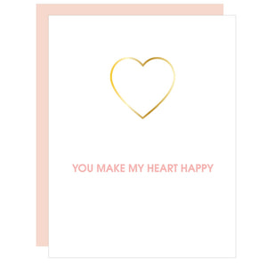 Our "You Make My Heart Happy" Paper Clip Letterpress Card is letterpress printed on a vintage printing press. The card includes a heavy-duty gold heart paper clip.