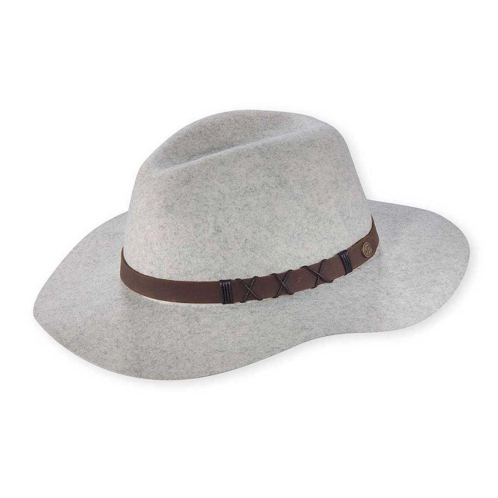 A women's broad-brimmed fedora hat made of felt wool with a leather band, featuring cord detailing.