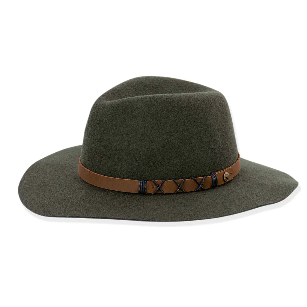 A green wool felt hat with a leather band and cord detailing, designed for women.