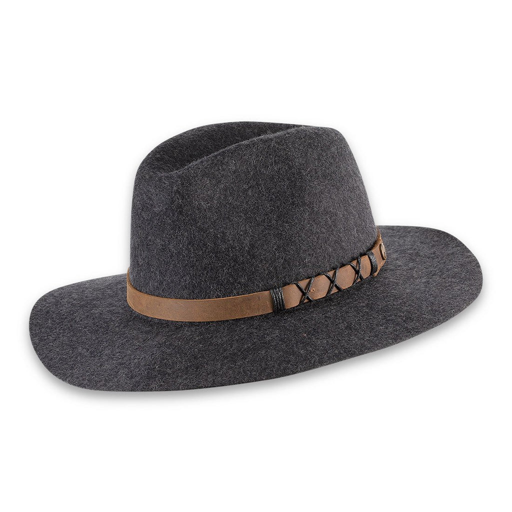 A gray felt wide-brimmed fedora hat with a leather band and cord detailing.