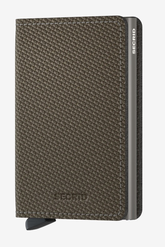 A khaki brown Secrid SlimWallet with a carbon fiber pattern on the leather surface.