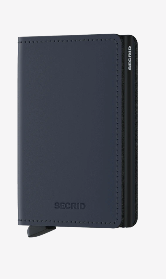 A slim black Secrid SlimWallet with a matte finish, featuring a leather exterior and a patented mechanism for card access.
