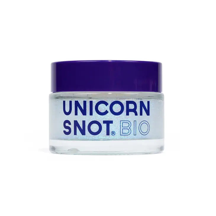 A jar of Unicorn Snot body glitter gel with a dreamy, galactic sparkle, with a purple lid on a white background.