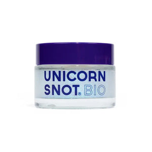 A jar of Unicorn Snot body glitter gel with a dreamy, galactic sparkle, with a purple lid on a white background.